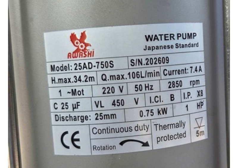 Bơm thả chìm thân inox không phao Awashi 25DA-750S