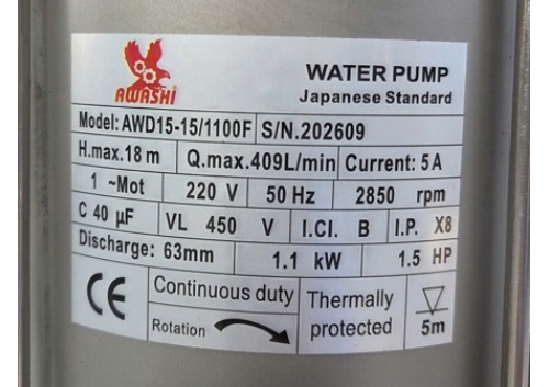 Bơm thả chìm thân inox không phao Awashi AWD15-15/1100F