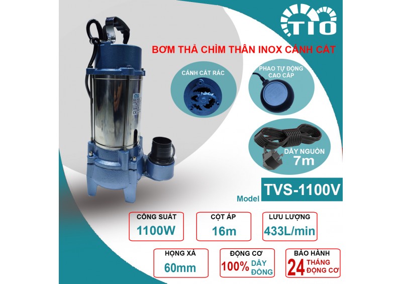 bơm thả chìm thân inox cánh cắt có phao 1.1KW